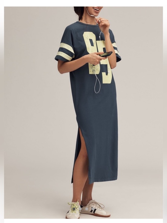 Daily Practice Dresses & Skirts - Casual Navy Blue Graphic Midi Dress with Side Slit
